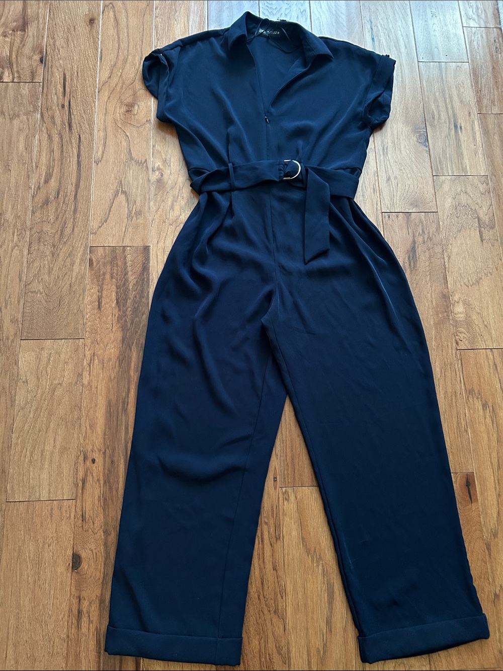 Zara Navy Short-Sleeve Belted Jumpsuit